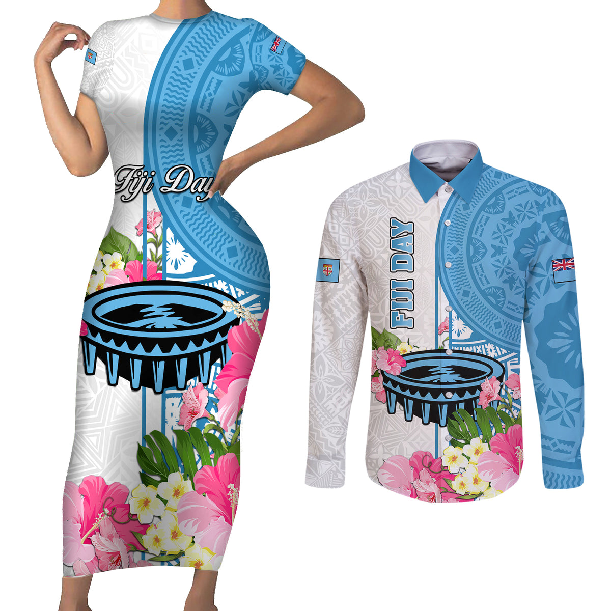 fiji-day-couples-matching-short-sleeve-bodycon-dress-and-long-sleeve-button-shirts-tanoa-hibiscus-fijian-tapa-masi-pattern