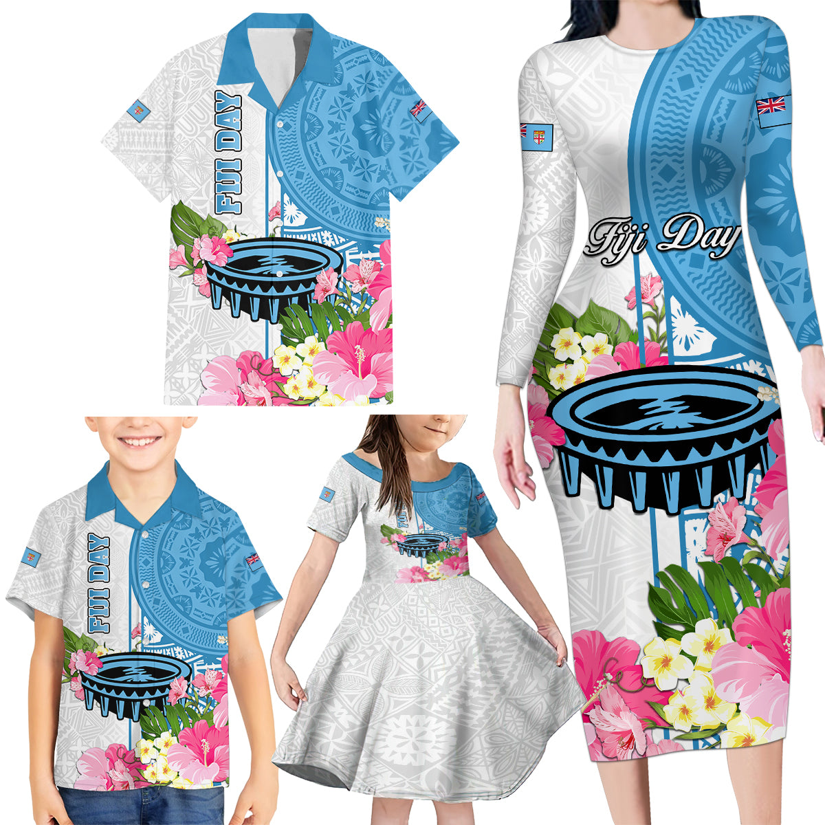 Fiji Day Family Matching Long Sleeve Bodycon Dress and Hawaiian Shirt Tanoa Hibiscus Fijian Tapa Masi Pattern LT05 - Polynesian Pride