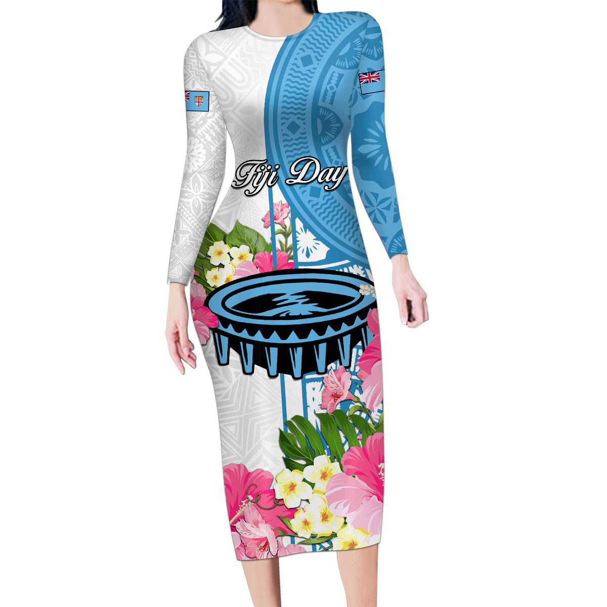Fiji Day Family Matching Long Sleeve Bodycon Dress and Hawaiian Shirt Tanoa Hibiscus Fijian Tapa Masi Pattern LT05 Mom's Dress White - Polynesian Pride