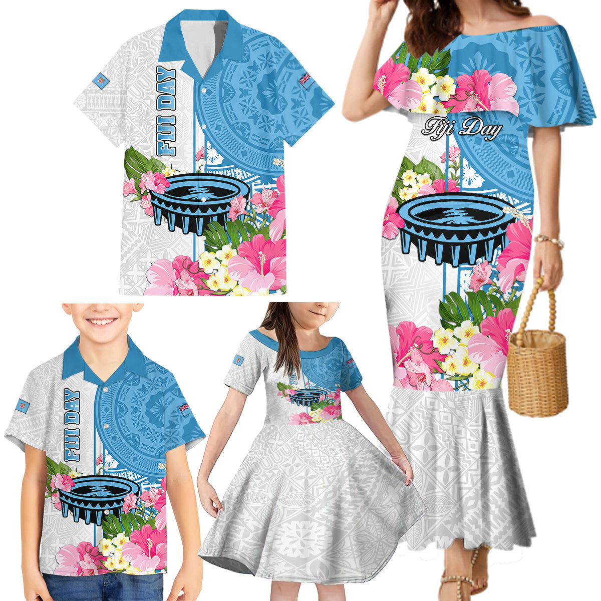 Fiji Day Family Matching Mermaid Dress and Hawaiian Shirt Tanoa Hibiscus Fijian Tapa Masi Pattern LT05 - Polynesian Pride