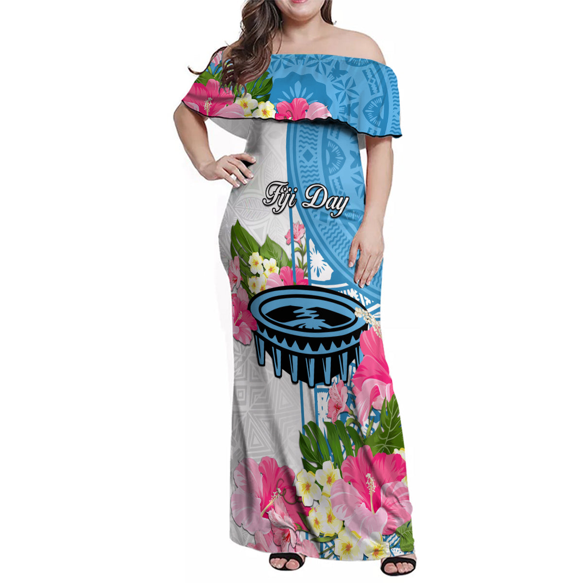 Fiji Day Family Matching Off Shoulder Maxi Dress and Hawaiian Shirt Tanoa Hibiscus Fijian Tapa Masi Pattern LT05 Dad's Shirt - Long Sleeve White - Polynesian Pride