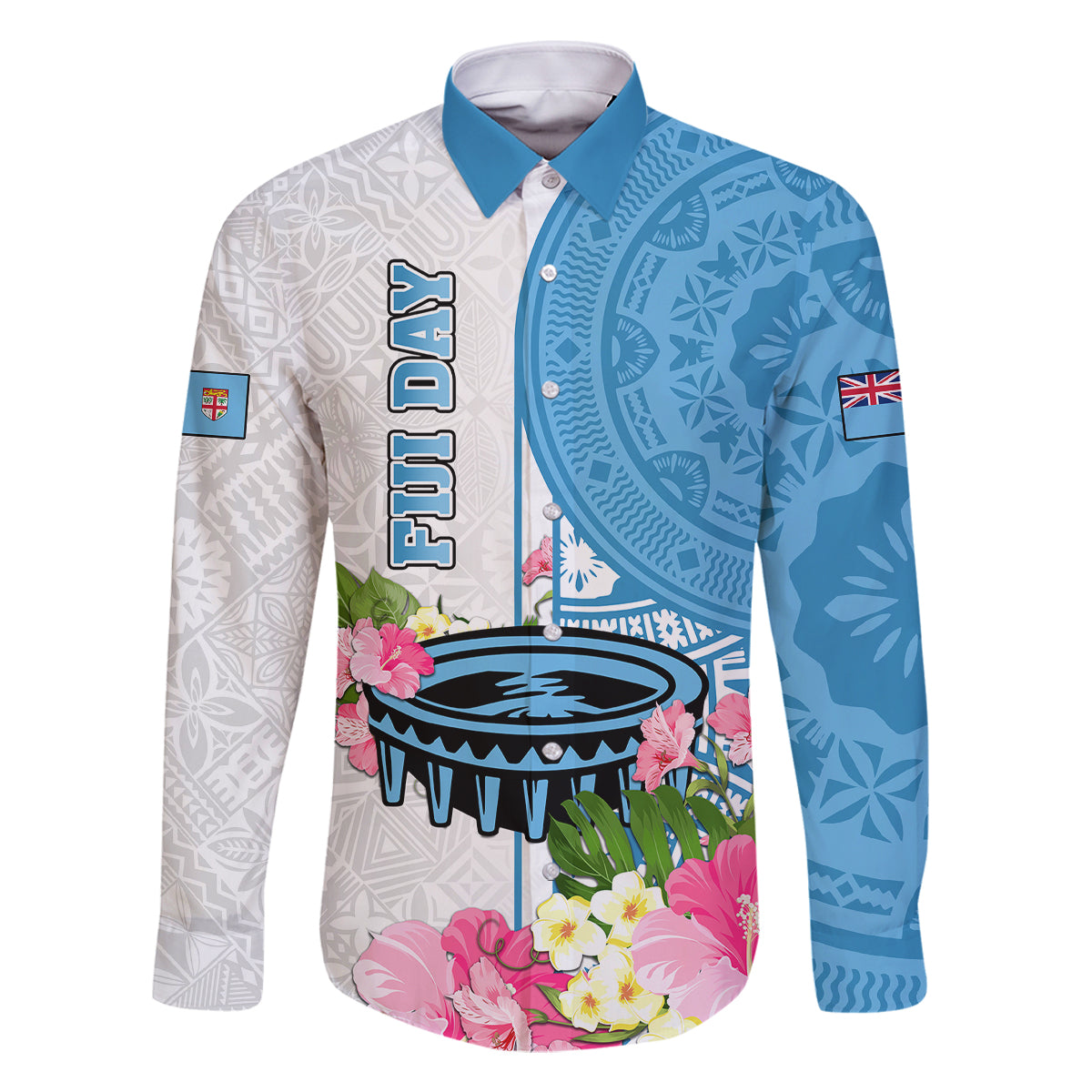 Fiji Day Family Matching Off Shoulder Short Dress and Hawaiian Shirt Tanoa Hibiscus Fijian Tapa Masi Pattern LT05 Dad's Shirt - Long Sleeve White - Polynesian Pride