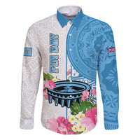 Fiji Day Family Matching Off Shoulder Short Dress and Hawaiian Shirt Tanoa Hibiscus Fijian Tapa Masi Pattern LT05 Dad's Shirt - Long Sleeve White - Polynesian Pride