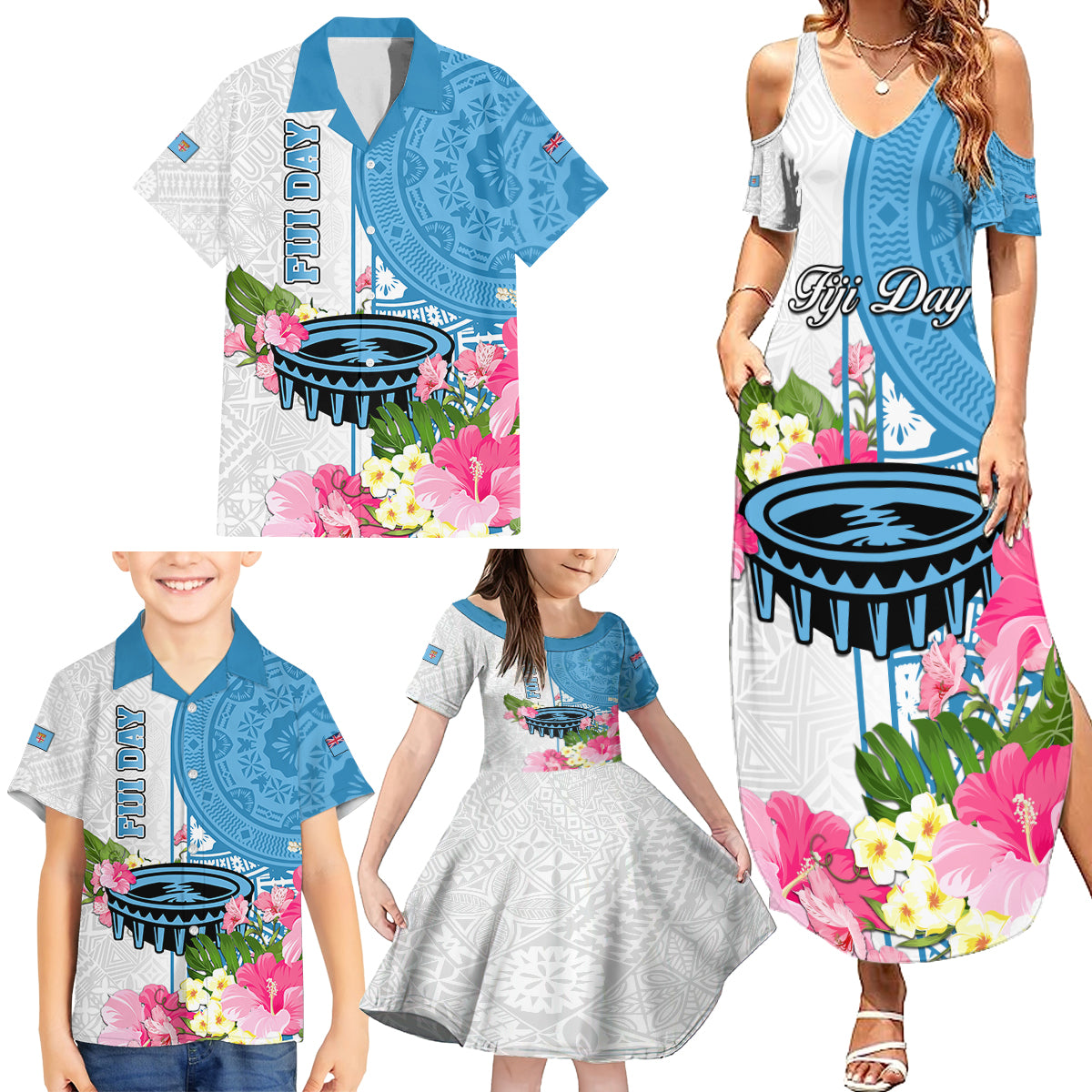Fiji Day Family Matching Summer Maxi Dress and Hawaiian Shirt Tanoa Hibiscus Fijian Tapa Masi Pattern LT05 - Polynesian Pride