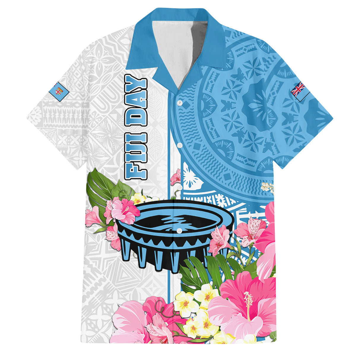 Fiji Day Family Matching Summer Maxi Dress and Hawaiian Shirt Tanoa Hibiscus Fijian Tapa Masi Pattern LT05 Dad's Shirt - Short Sleeve White - Polynesian Pride