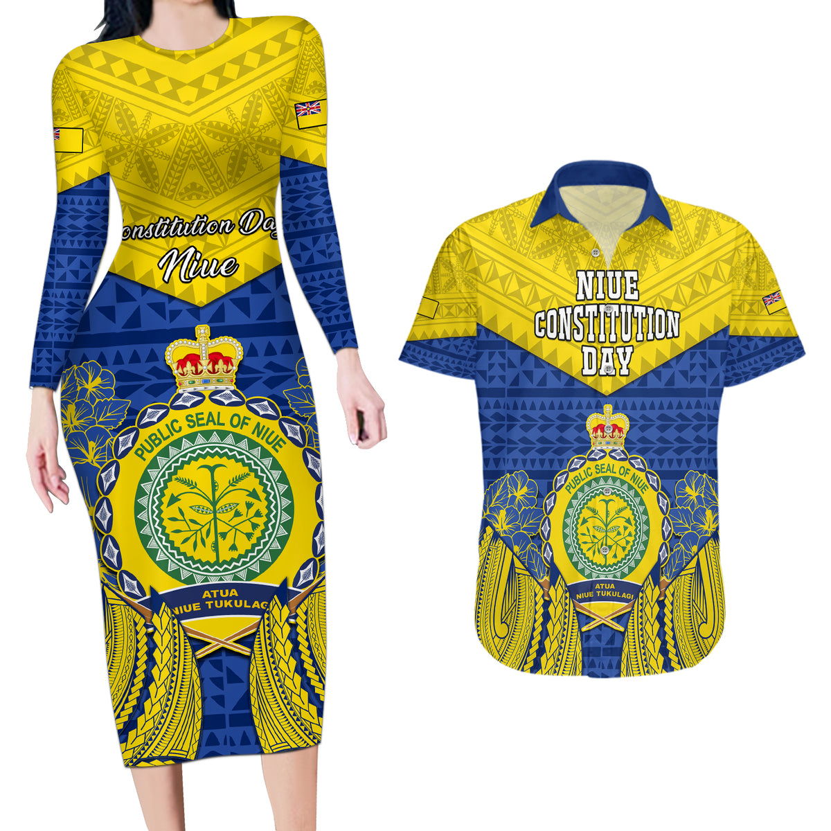 Niue Constitution Day Couples Matching Long Sleeve Bodycon Dress and Hawaiian Shirt Coat Of Arms Niuean Hiapo Pattern LT05 Yellow - Polynesian Pride
