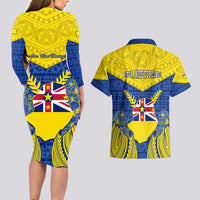 Niue Constitution Day Couples Matching Long Sleeve Bodycon Dress and Hawaiian Shirt Coat Of Arms Niuean Hiapo Pattern LT05 - Polynesian Pride