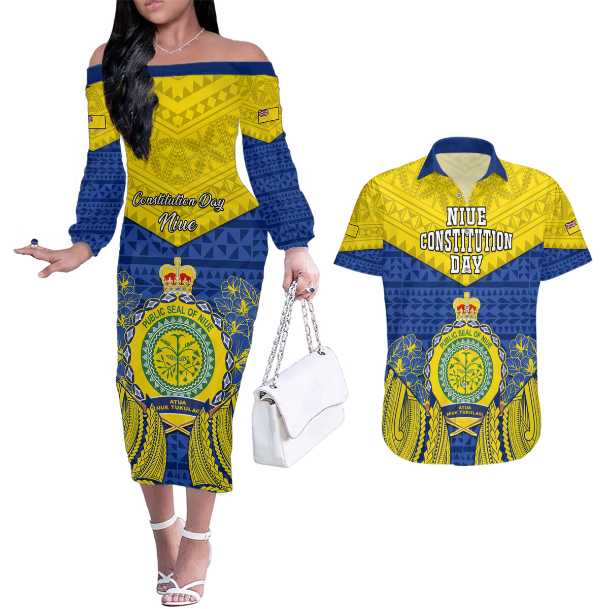 Niue Constitution Day Couples Matching Off The Shoulder Long Sleeve Dress and Hawaiian Shirt Coat Of Arms Niuean Hiapo Pattern LT05 Yellow - Polynesian Pride