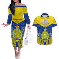Niue Constitution Day Couples Matching Off The Shoulder Long Sleeve Dress and Hawaiian Shirt Coat Of Arms Niuean Hiapo Pattern LT05 Yellow - Polynesian Pride