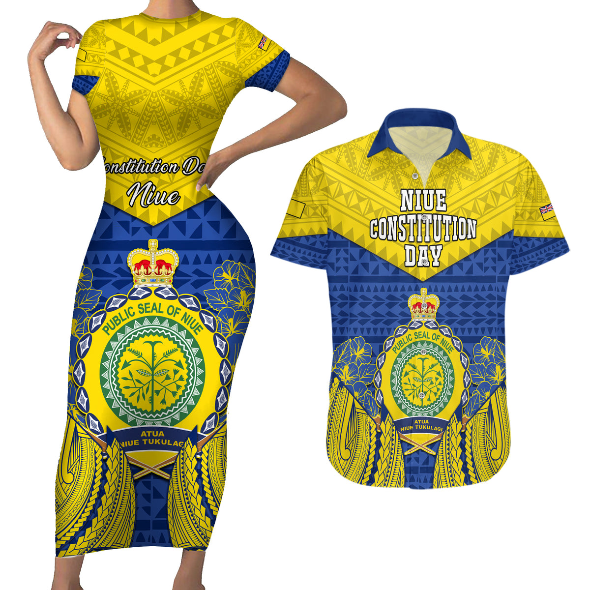 Niue Constitution Day Couples Matching Short Sleeve Bodycon Dress and Hawaiian Shirt Coat Of Arms Niuean Hiapo Pattern LT05 Yellow - Polynesian Pride