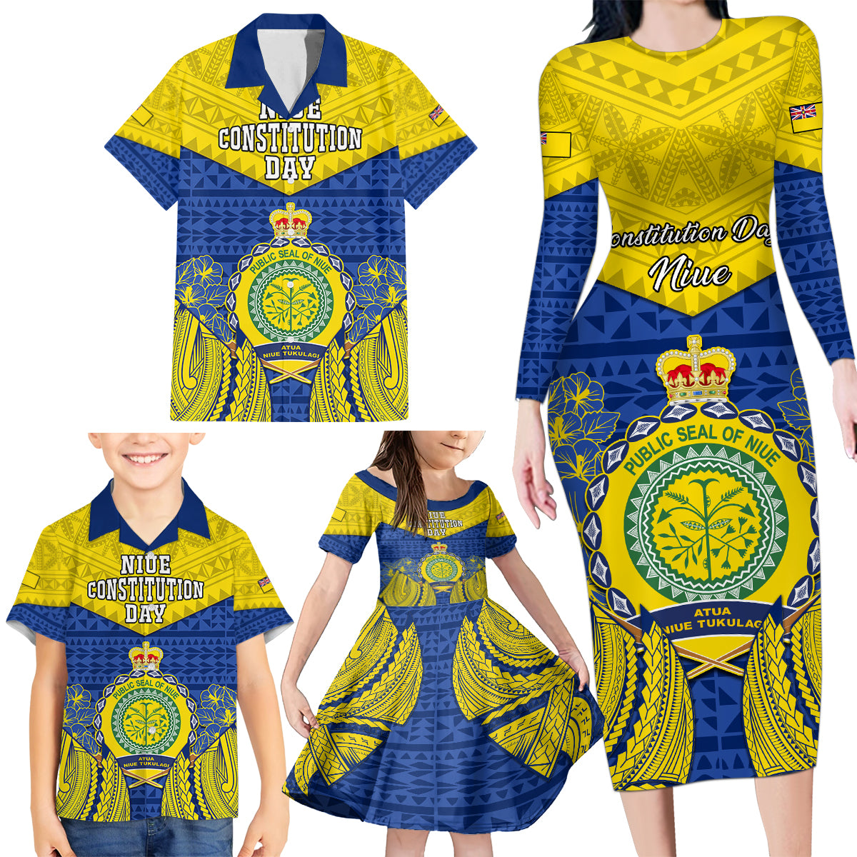 Niue Constitution Day Family Matching Long Sleeve Bodycon Dress and Hawaiian Shirt Coat Of Arms Niuean Hiapo Pattern LT05 - Polynesian Pride