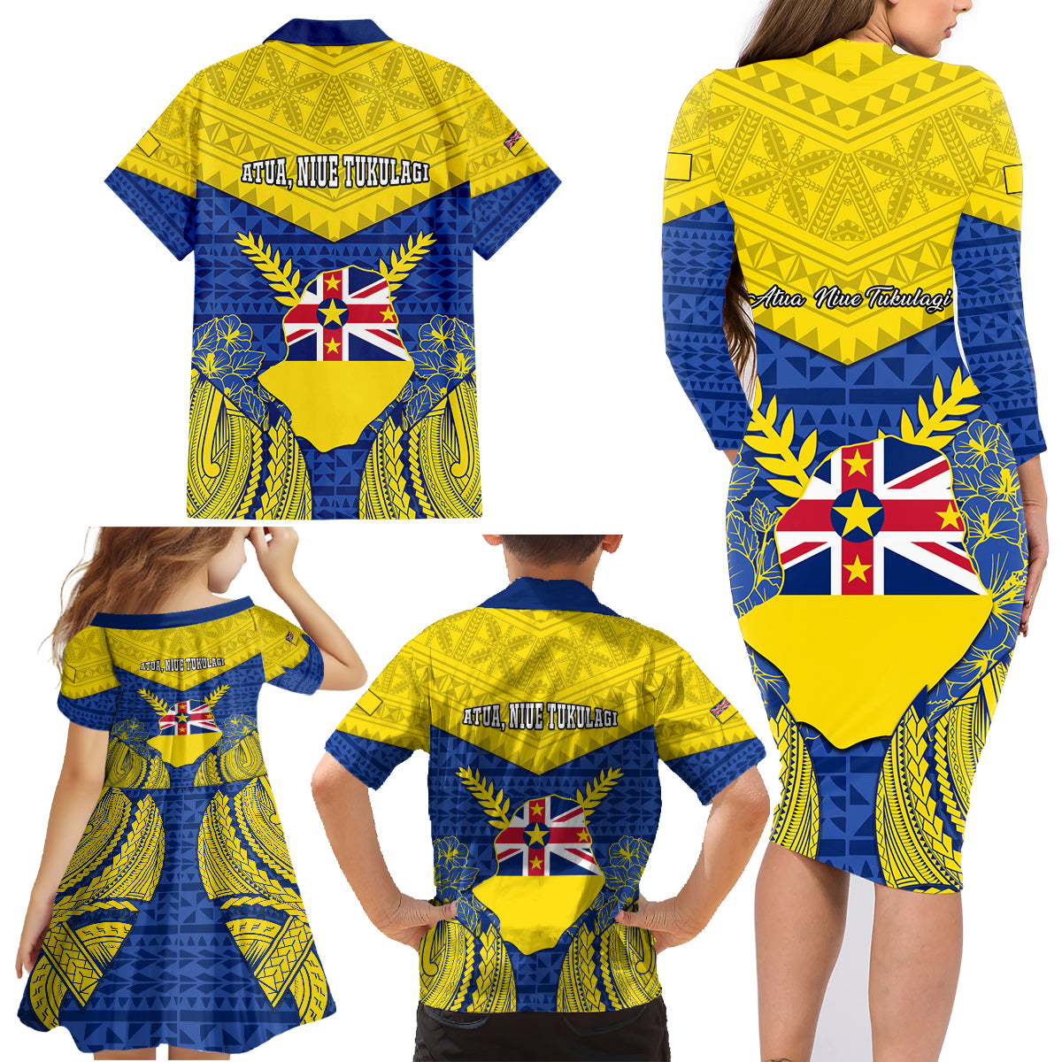 Niue Constitution Day Family Matching Long Sleeve Bodycon Dress and Hawaiian Shirt Coat Of Arms Niuean Hiapo Pattern LT05 - Polynesian Pride