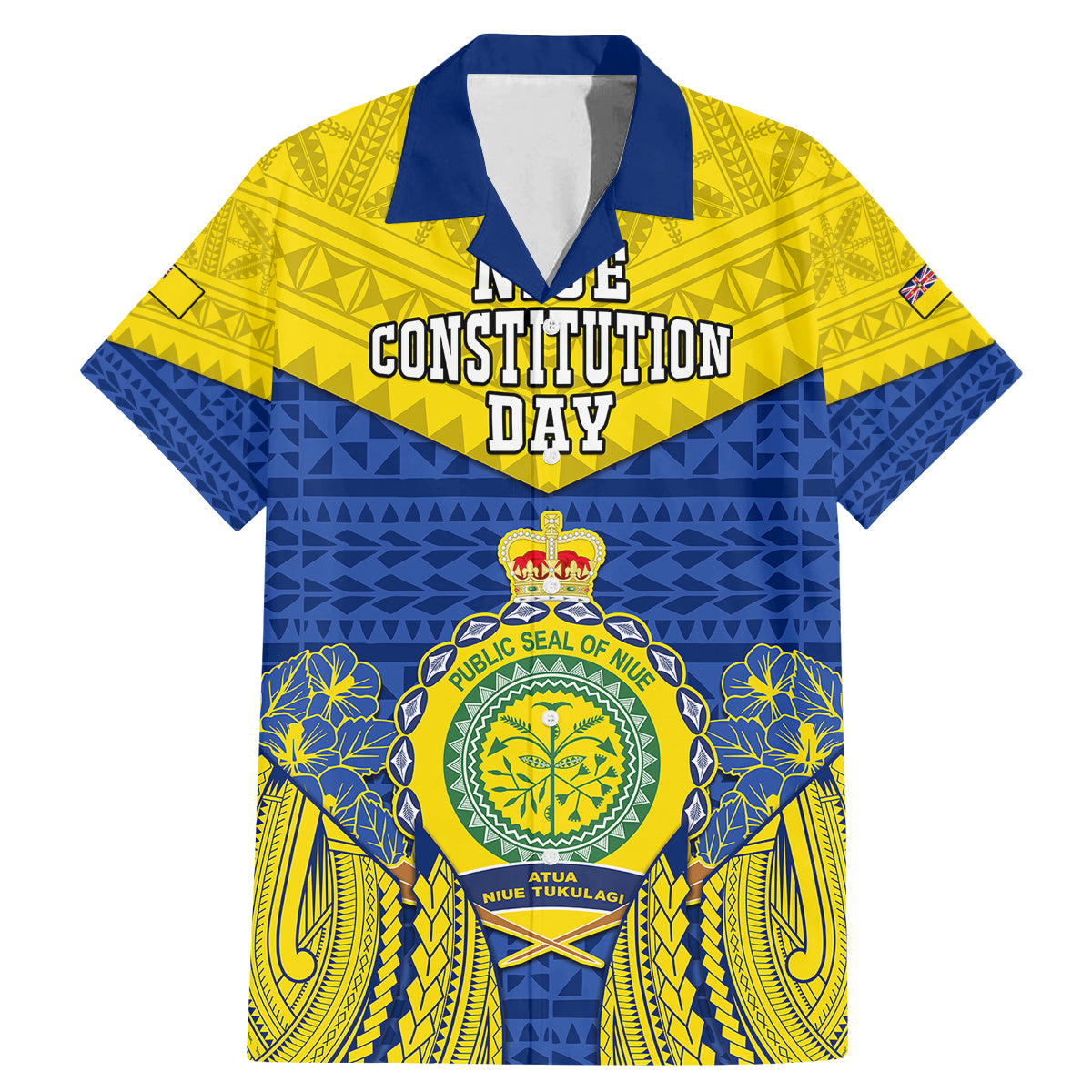 Niue Constitution Day Family Matching Mermaid Dress and Hawaiian Shirt Coat Of Arms Niuean Hiapo Pattern LT05 Dad's Shirt - Short Sleeve Yellow - Polynesian Pride