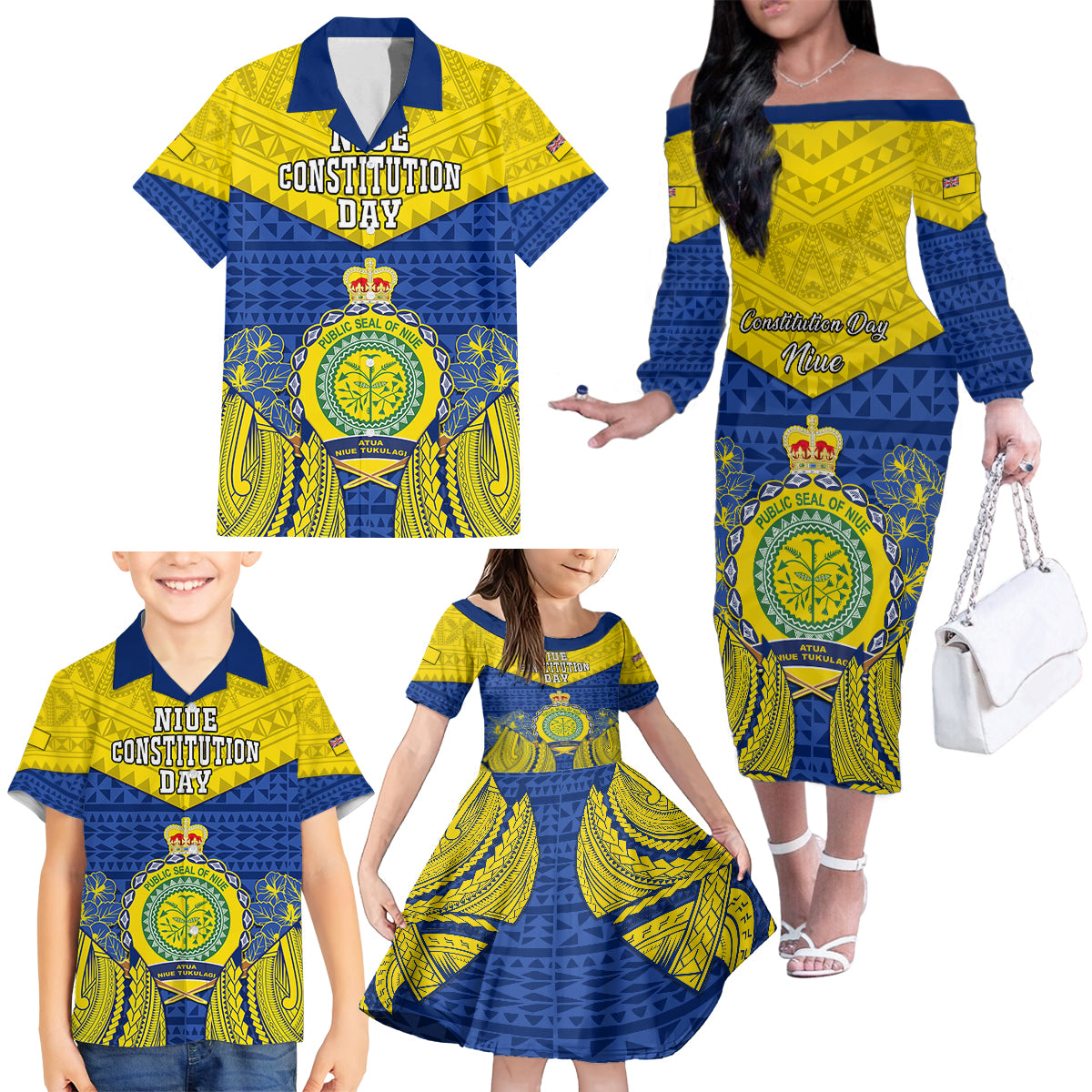 Niue Constitution Day Family Matching Off Shoulder Long Sleeve Dress and Hawaiian Shirt Coat Of Arms Niuean Hiapo Pattern LT05 - Polynesian Pride