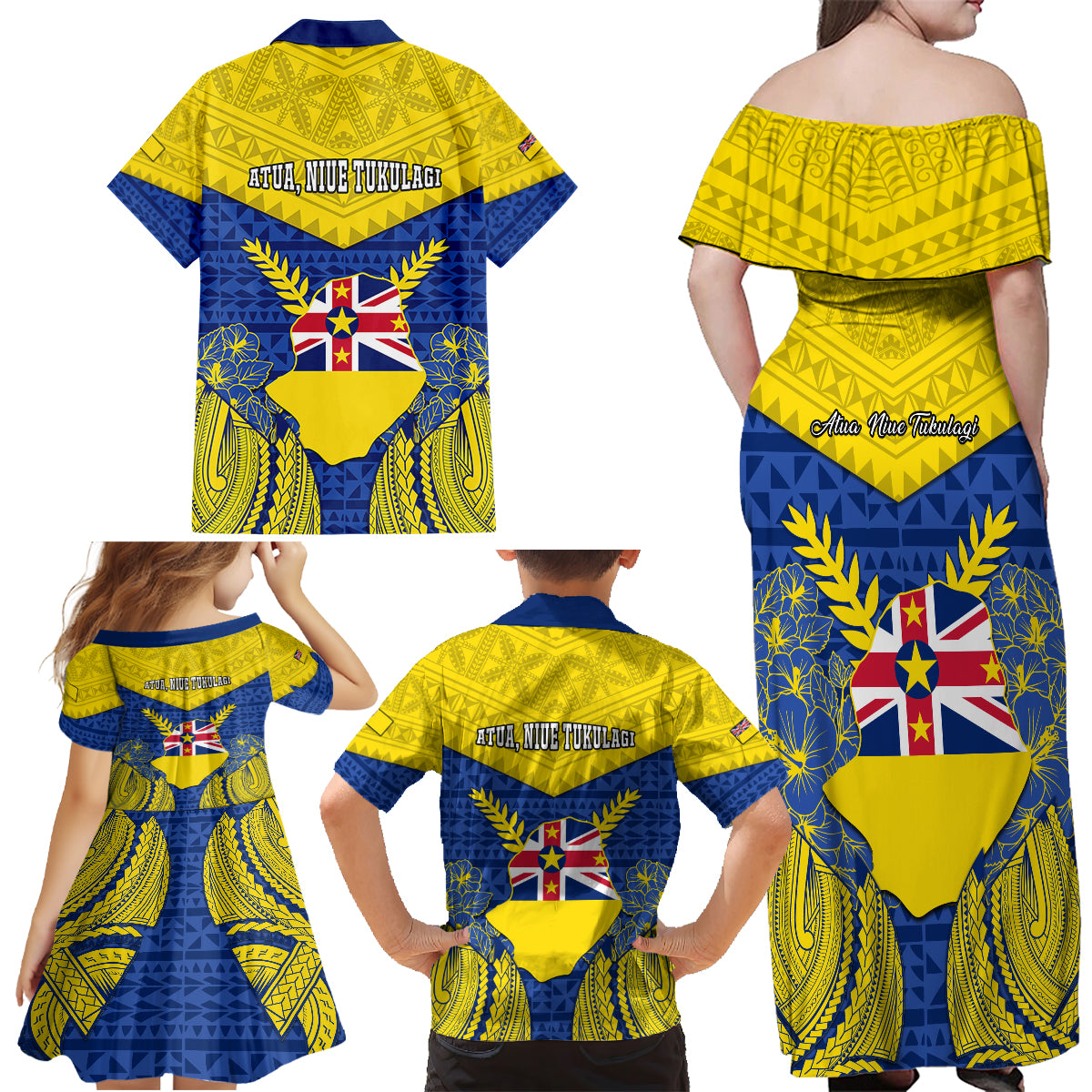 Niue Constitution Day Family Matching Off Shoulder Maxi Dress and Hawaiian Shirt Coat Of Arms Niuean Hiapo Pattern LT05 - Polynesian Pride
