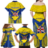 Niue Constitution Day Family Matching Off Shoulder Maxi Dress and Hawaiian Shirt Coat Of Arms Niuean Hiapo Pattern LT05 - Polynesian Pride