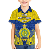 Niue Constitution Day Family Matching Off Shoulder Maxi Dress and Hawaiian Shirt Coat Of Arms Niuean Hiapo Pattern LT05 Son's Shirt Yellow - Polynesian Pride