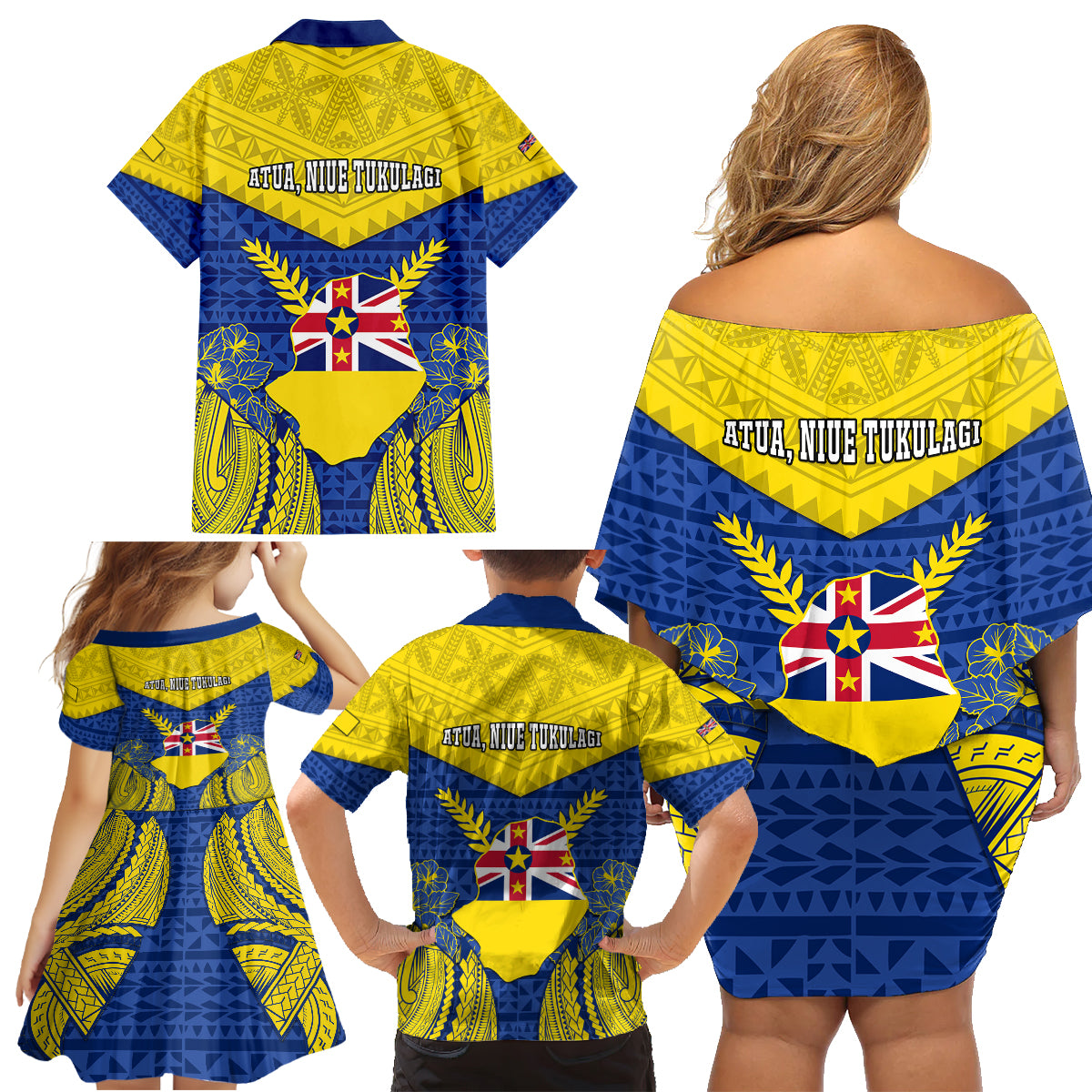 Niue Constitution Day Family Matching Off Shoulder Short Dress and Hawaiian Shirt Coat Of Arms Niuean Hiapo Pattern LT05 - Polynesian Pride