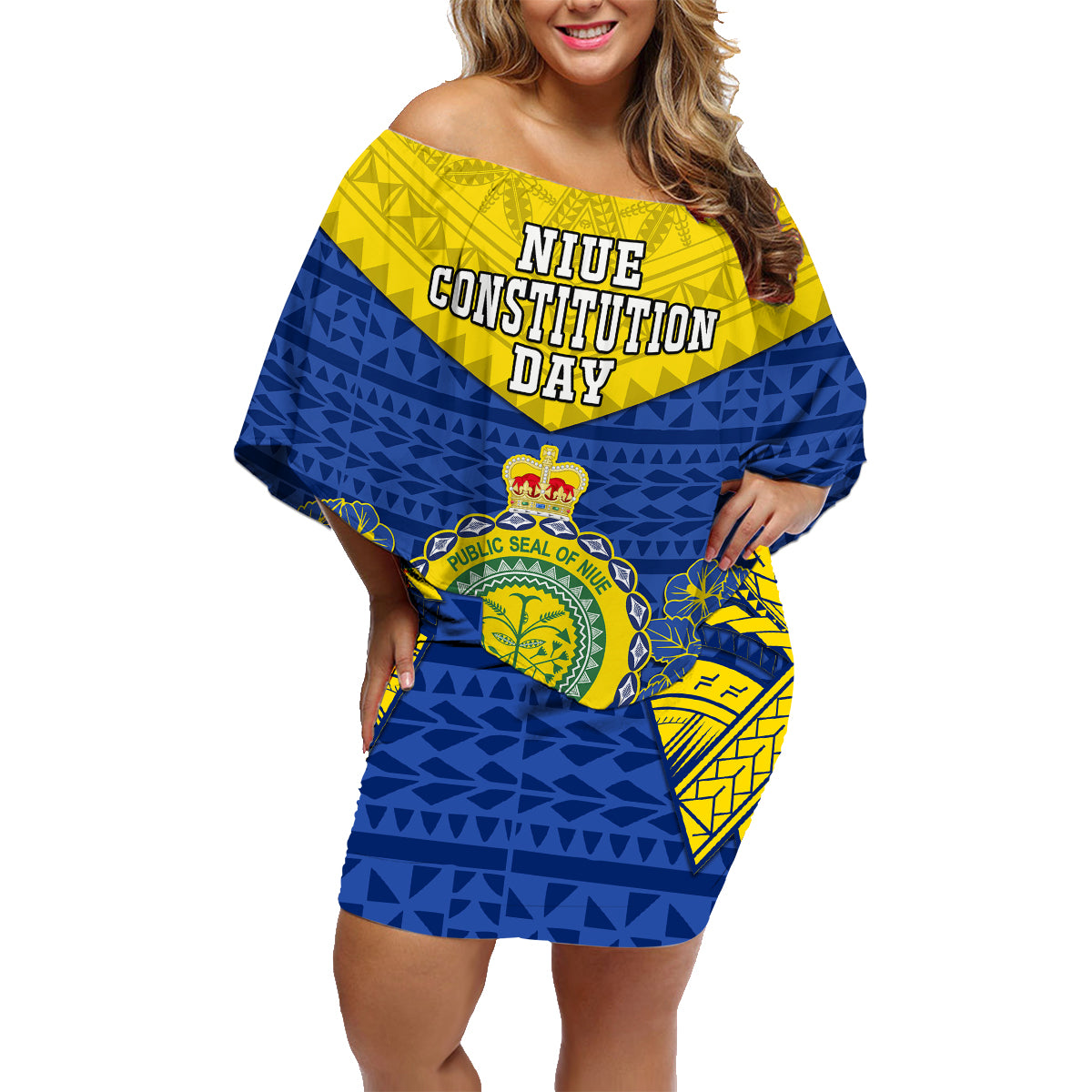 Niue Constitution Day Family Matching Off Shoulder Short Dress and Hawaiian Shirt Coat Of Arms Niuean Hiapo Pattern LT05 Mom's Dress Yellow - Polynesian Pride