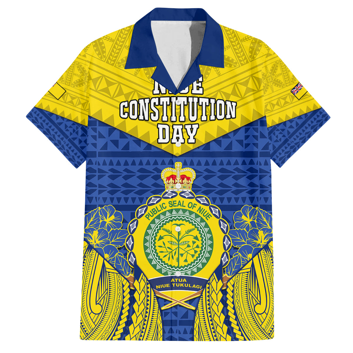 Niue Constitution Day Family Matching Summer Maxi Dress and Hawaiian Shirt Coat Of Arms Niuean Hiapo Pattern LT05 Dad's Shirt - Short Sleeve Yellow - Polynesian Pride