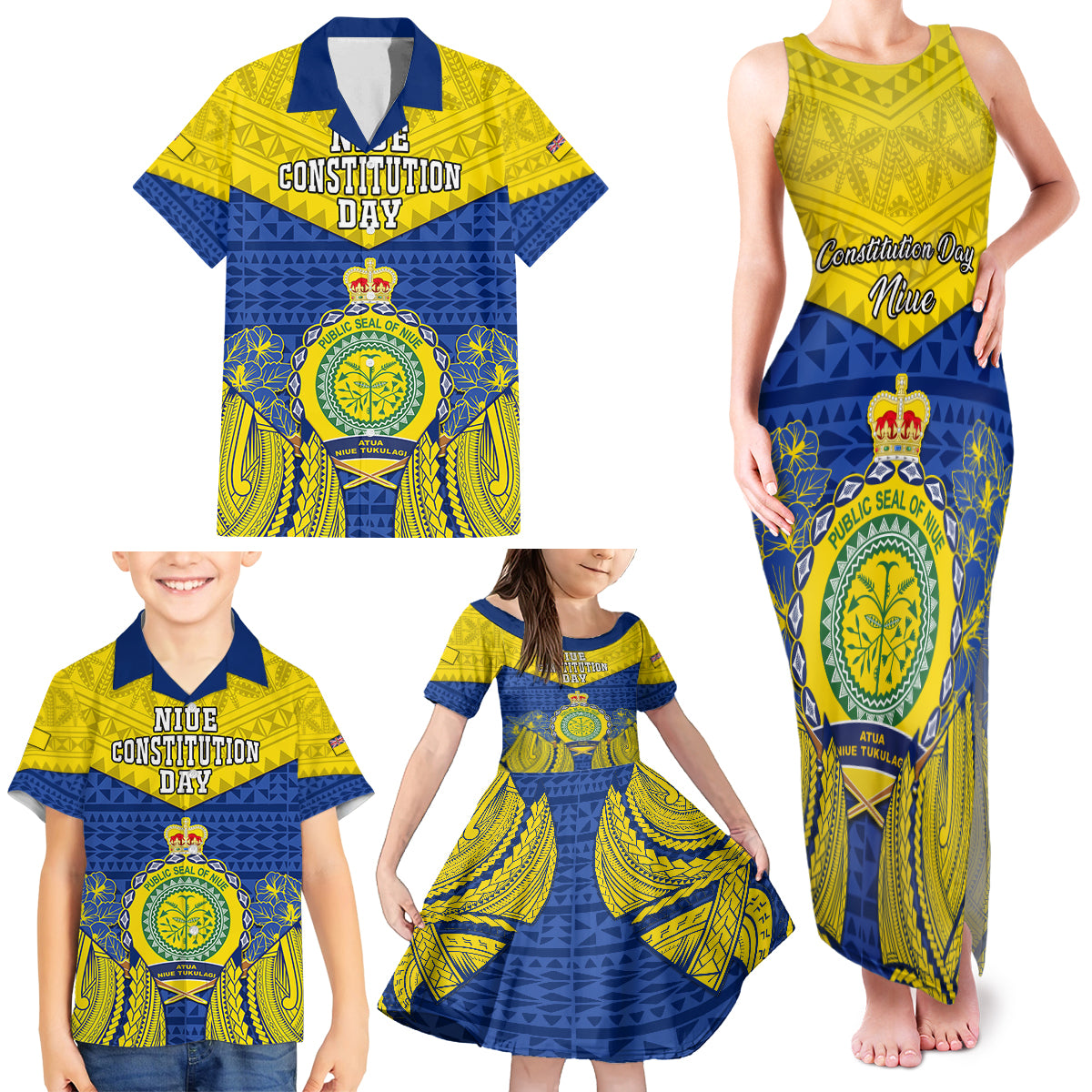 Niue Constitution Day Family Matching Tank Maxi Dress and Hawaiian Shirt Coat Of Arms Niuean Hiapo Pattern LT05 - Polynesian Pride