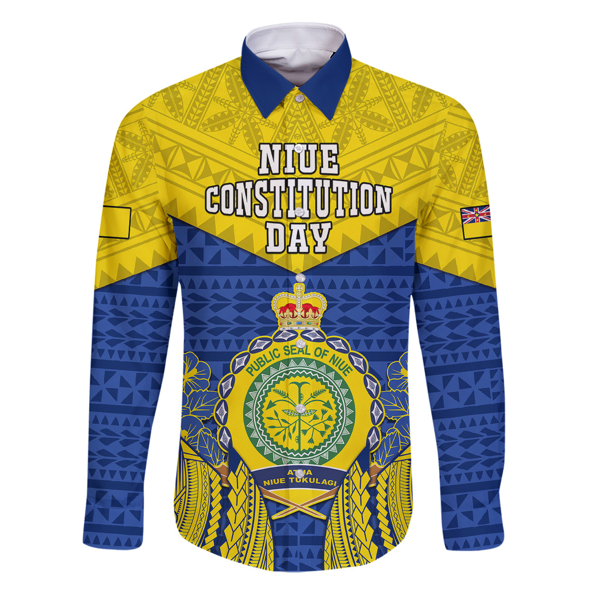 Niue Constitution Day Family Matching Tank Maxi Dress and Hawaiian Shirt Coat Of Arms Niuean Hiapo Pattern LT05 Dad's Shirt - Long Sleeve Yellow - Polynesian Pride