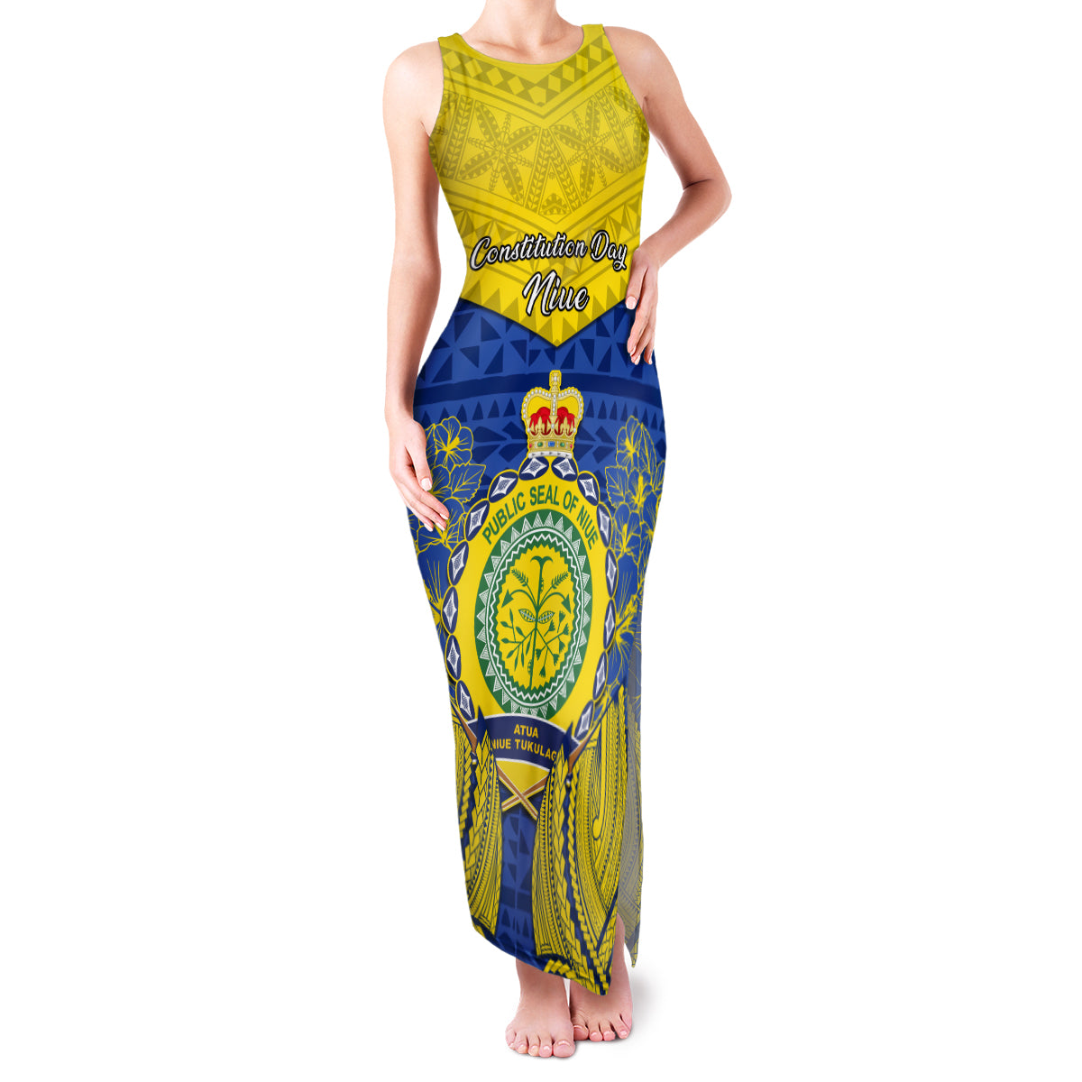 Niue Constitution Day Family Matching Tank Maxi Dress and Hawaiian Shirt Coat Of Arms Niuean Hiapo Pattern LT05 Mom's Dress Yellow - Polynesian Pride