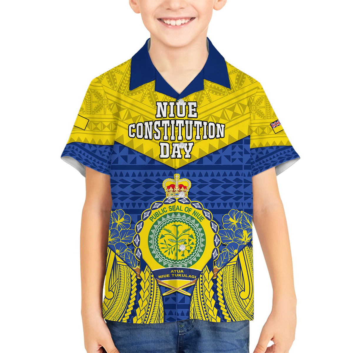 Personalized Niue Constitution Day Family Matching Puletasi Dress and Hawaiian Shirt Coat Of Arms Niuean Hiapo Pattern LT05 Son's Shirt Yellow - Polynesian Pride