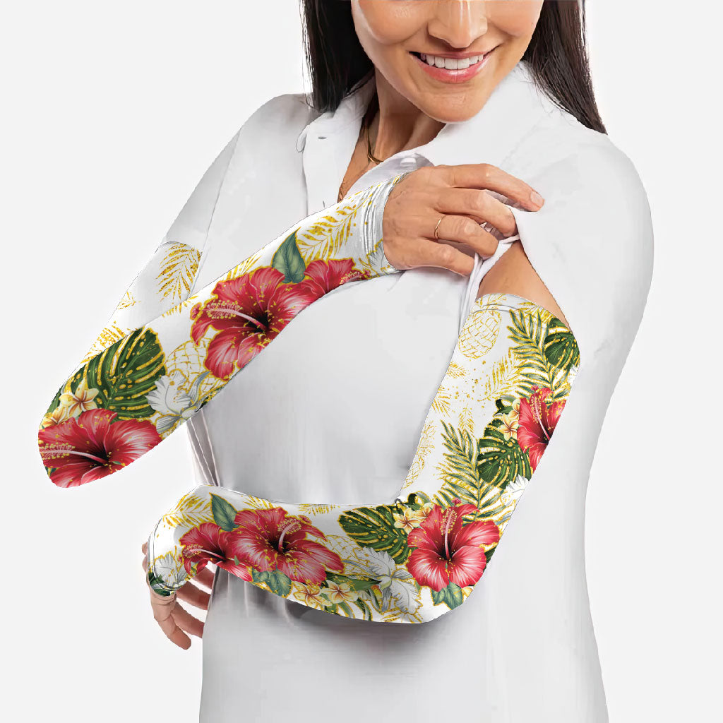 Hawaii Discoverers Day Arm Sleeves Tropical Hibiscus Glitter White LT05 - Polynesian Pride