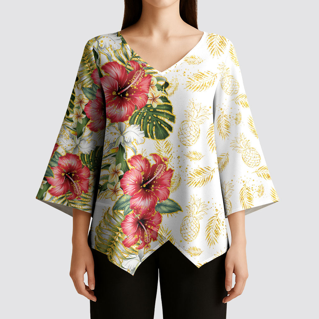 Hawaii Discoverers Day Kimono Sleeve Blouse Tropical Hibiscus Glitter White LT05 - Polynesian Pride