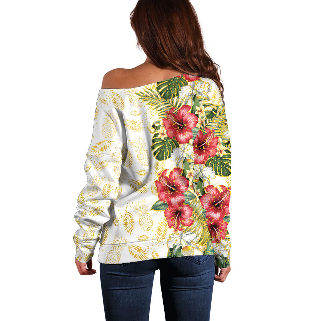 Hawaii Discoverers Day Off Shoulder Sweater Tropical Hibiscus Glitter White LT05 - Polynesian Pride
