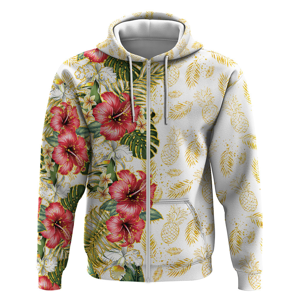 Hawaii Discoverers Day Zip Hoodie Tropical Hibiscus Glitter White LT05 Zip Hoodie White - Polynesian Pride