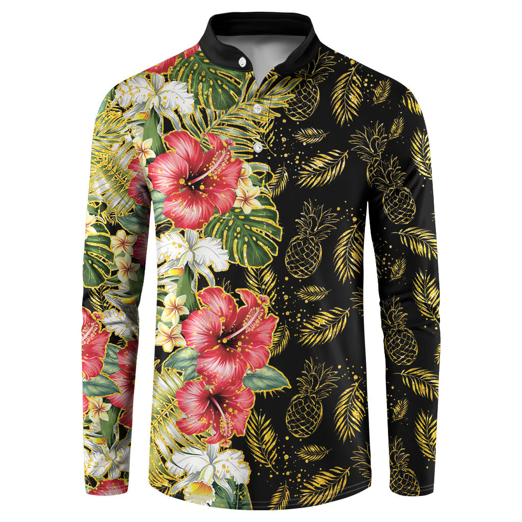 Hawaii Discoverers Day Button Sweatshirt Tropical Hibiscus Glitter Black LT05 Black - Polynesian Pride
