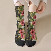 Hawaii Discoverers Day Crew Socks Tropical Hibiscus Glitter Black LT05 Crew Socks Black - Polynesian Pride