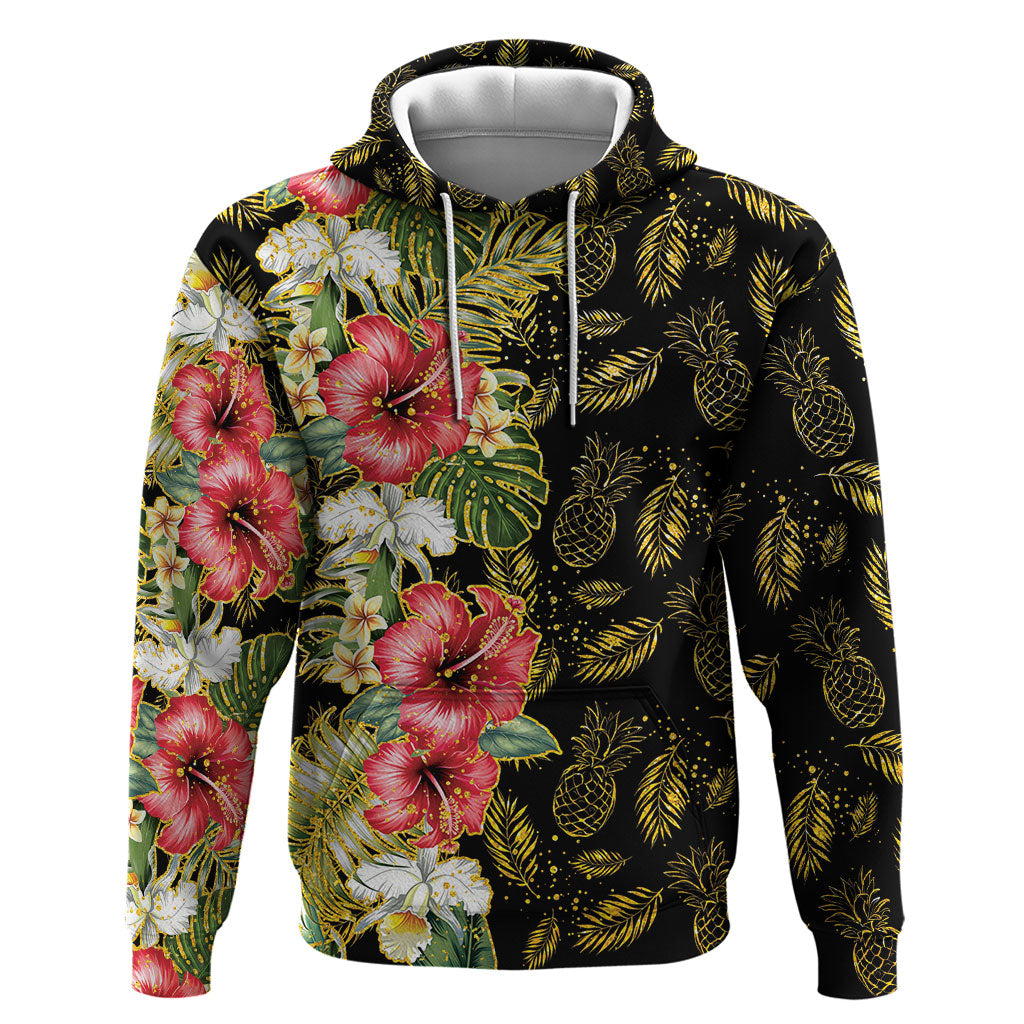 Hawaii Discoverers Day Hoodie Tropical Hibiscus Glitter Black LT05 Pullover Hoodie Black - Polynesian Pride