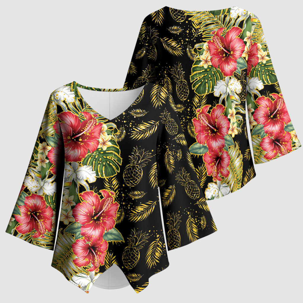 Hawaii Discoverers Day Kimono Sleeve Blouse Tropical Hibiscus Glitter Black LT05 - Polynesian Pride