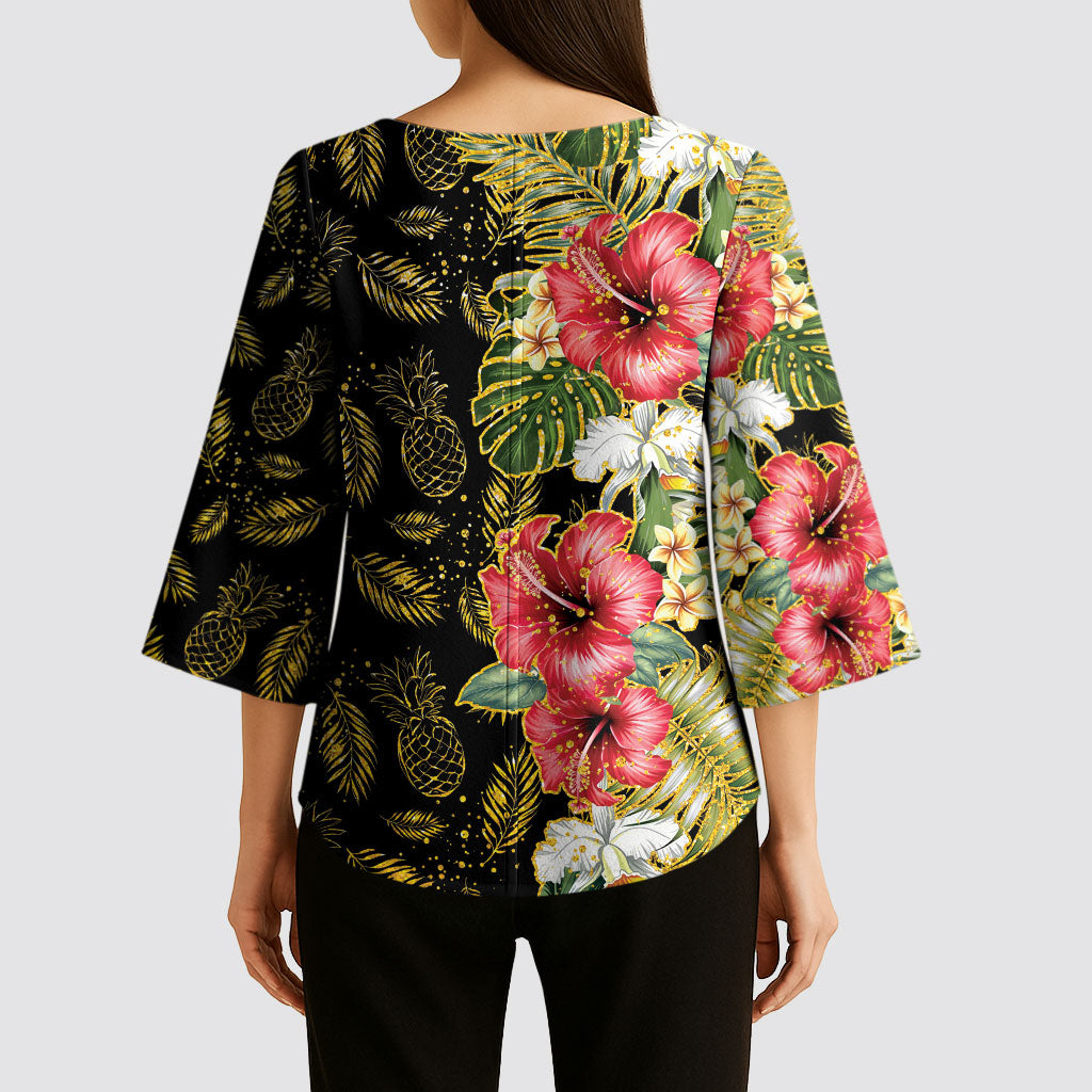 Hawaii Discoverers Day Kimono Sleeve Blouse Tropical Hibiscus Glitter Black LT05 - Polynesian Pride