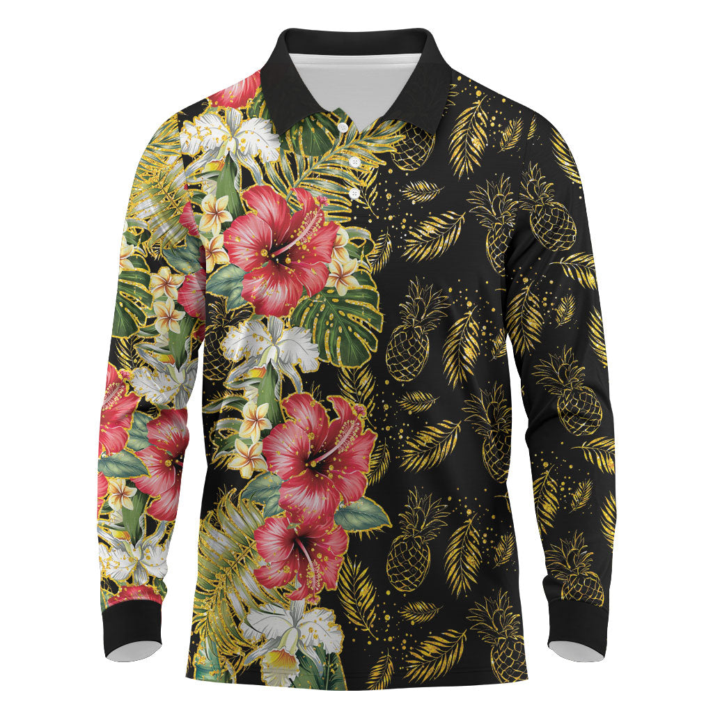 Hawaii Discoverers Day Long Sleeve Polo Shirt Tropical Hibiscus Glitter Black LT05 Black - Polynesian Pride