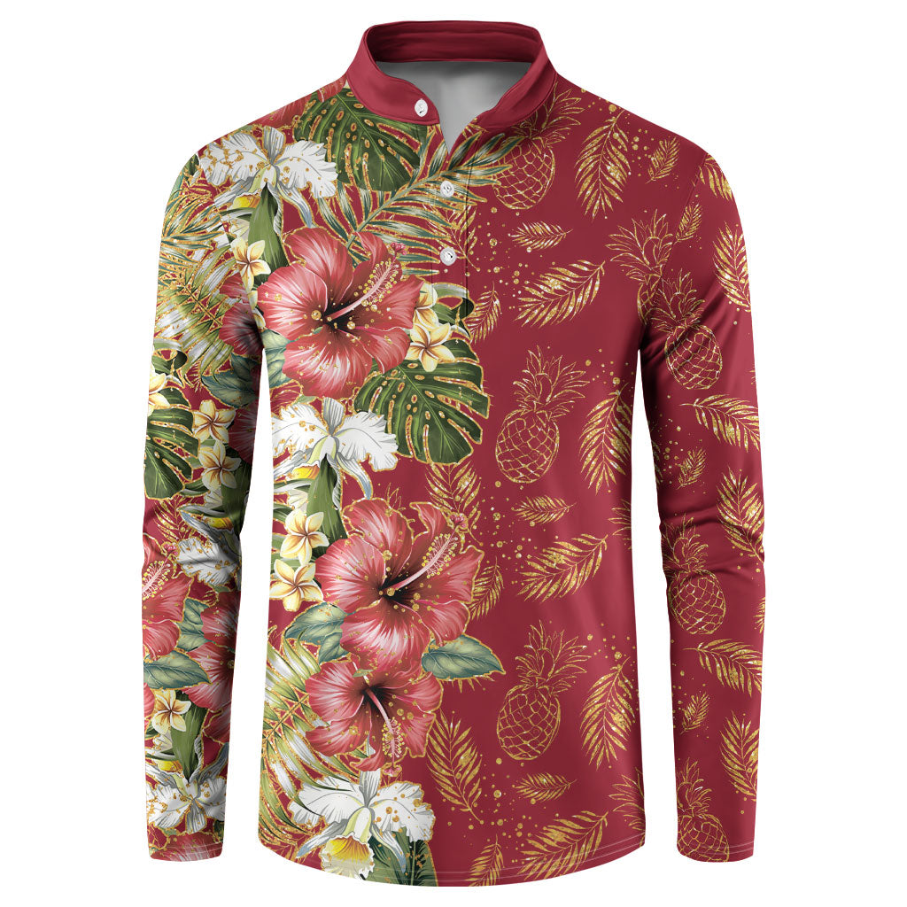 Hawaii Discoverers Day Button Sweatshirt Tropical Hibiscus Glitter Crimson LT05 Crimson - Polynesian Pride