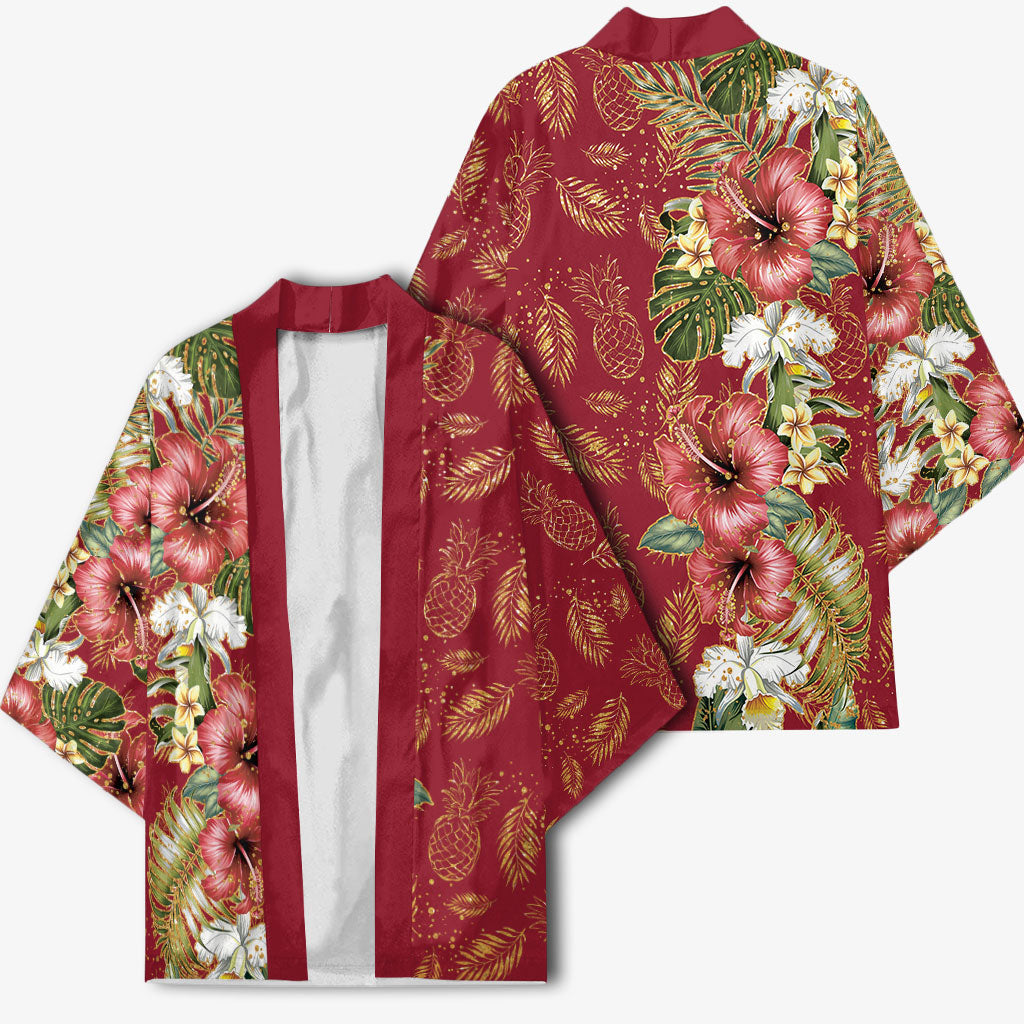 Hawaii Discoverers Day Kimono Tropical Hibiscus Glitter Crimson LT05 - Polynesian Pride