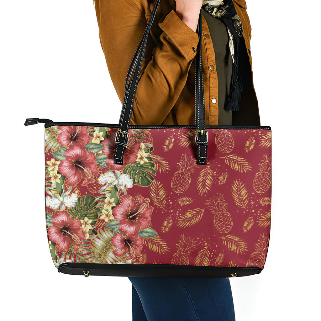 Hawaii Discoverers Day Leather Tote Bag Tropical Hibiscus Glitter Crimson LT05 - Polynesian Pride