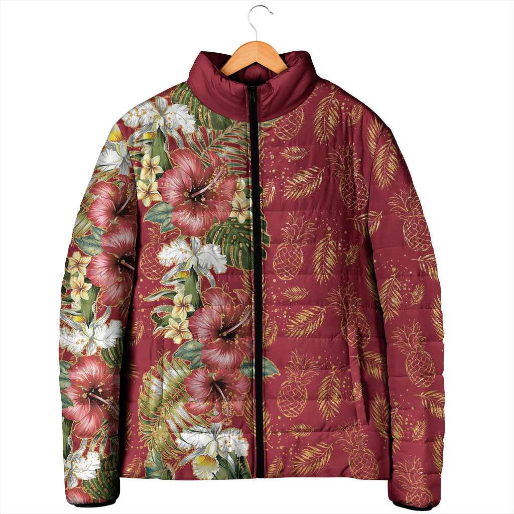 Hawaii Discoverers Day Padded Jacket Tropical Hibiscus Glitter Crimson LT05 - Polynesian Pride