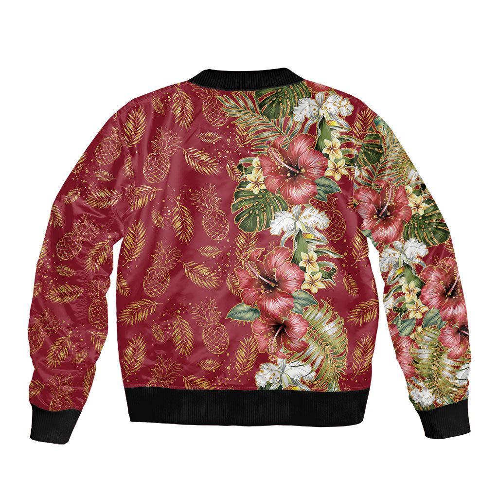 Hawaii Discoverers Day Sleeve Zip Bomber Jacket Tropical Hibiscus Glitter Crimson LT05 - Polynesian Pride