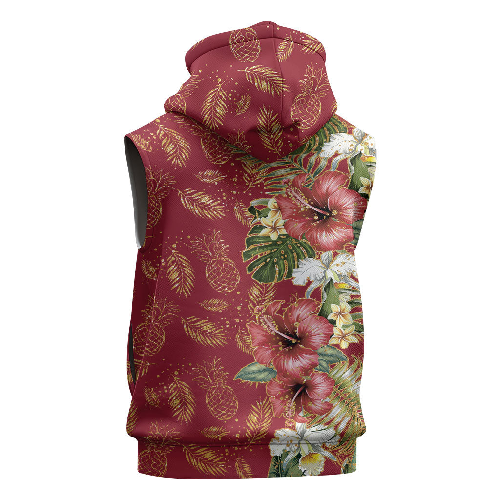 Hawaii Discoverers Day Sleeveless Zip Hoodie Tropical Hibiscus Glitter Crimson LT05 - Polynesian Pride