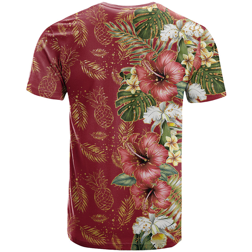 Hawaii Discoverers Day T Shirt Tropical Hibiscus Glitter Crimson LT05 - Polynesian Pride