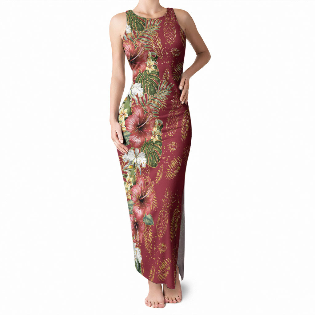 Hawaii Discoverers Day Tank Maxi Dress Tropical Hibiscus Glitter Crimson LT05 Women Crimson - Polynesian Pride