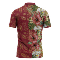 Hawaii Discoverers Day Zipper Polo Shirt Tropical Hibiscus Glitter Crimson LT05 - Polynesian Pride