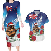 New Zealand Kiwi Christmas Couples Matching Long Sleeve Bodycon Dress and Hawaiian Shirt Xmas Vibe LT05 Blue - Polynesian Pride