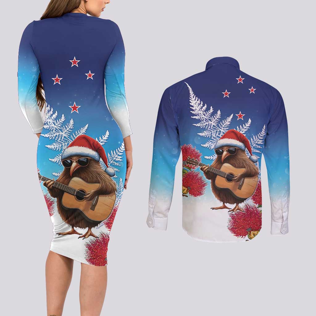 New Zealand Kiwi Christmas Couples Matching Long Sleeve Bodycon Dress and Long Sleeve Button Shirt Xmas Vibe