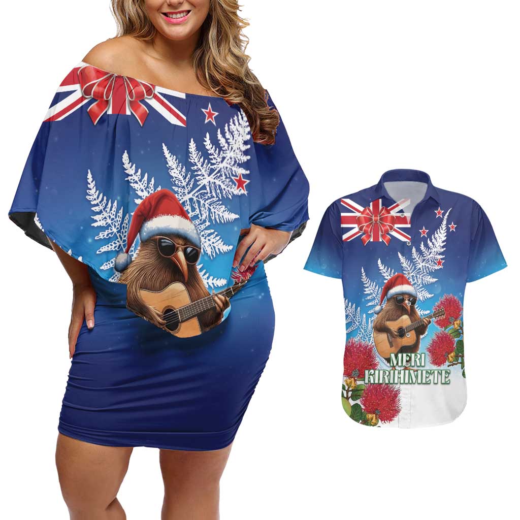 New Zealand Kiwi Christmas Couples Matching Off Shoulder Short Dress and Hawaiian Shirt Xmas Vibe LT05 Blue - Polynesian Pride